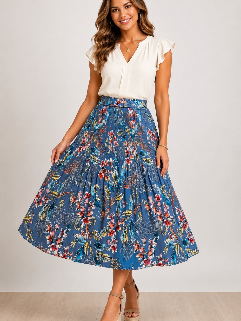 Blue Floral Maxi Skirt with Tiered Silhouette